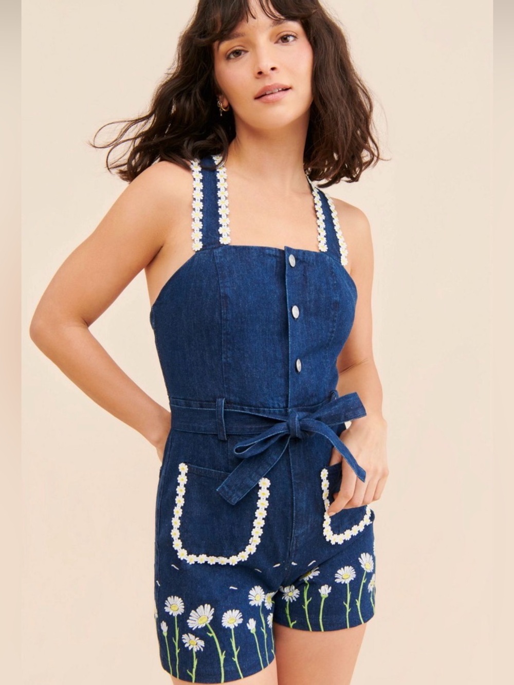 Rachel Antonoff Blue Denim Daisy Embroidered Women’s Romper